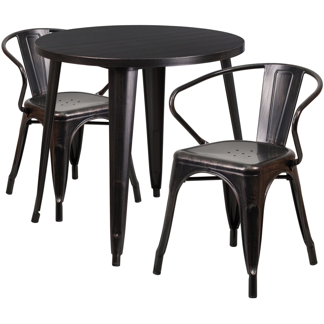 Conrad  Commercial Grade 30" Round Black-Antique Gold Metal Indoor-Outdoor Table Set with 2 Arm Chairs