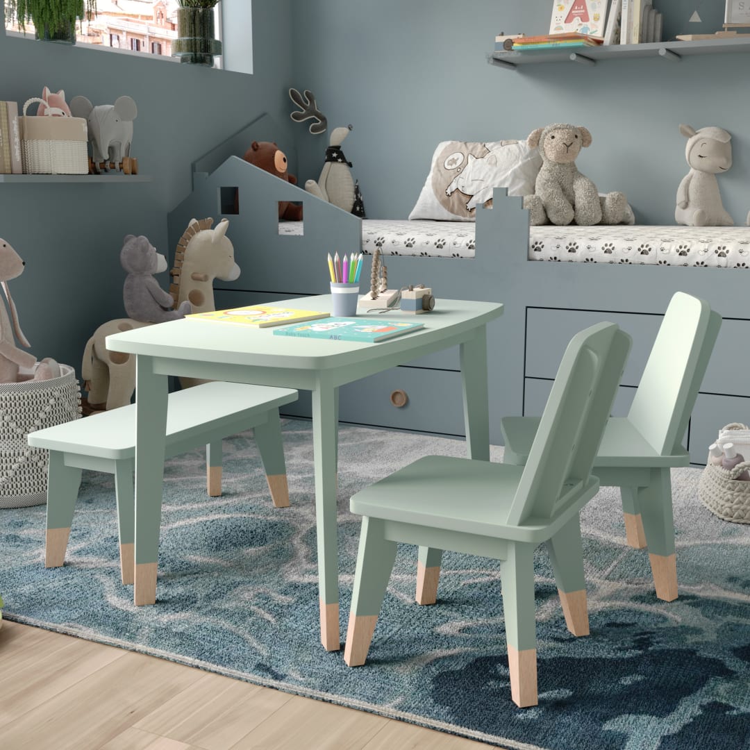 Kids 4-Piece Wood Table, 2 Chairs, and Bench Seating Set with Rounded Corners, Sage/Natural