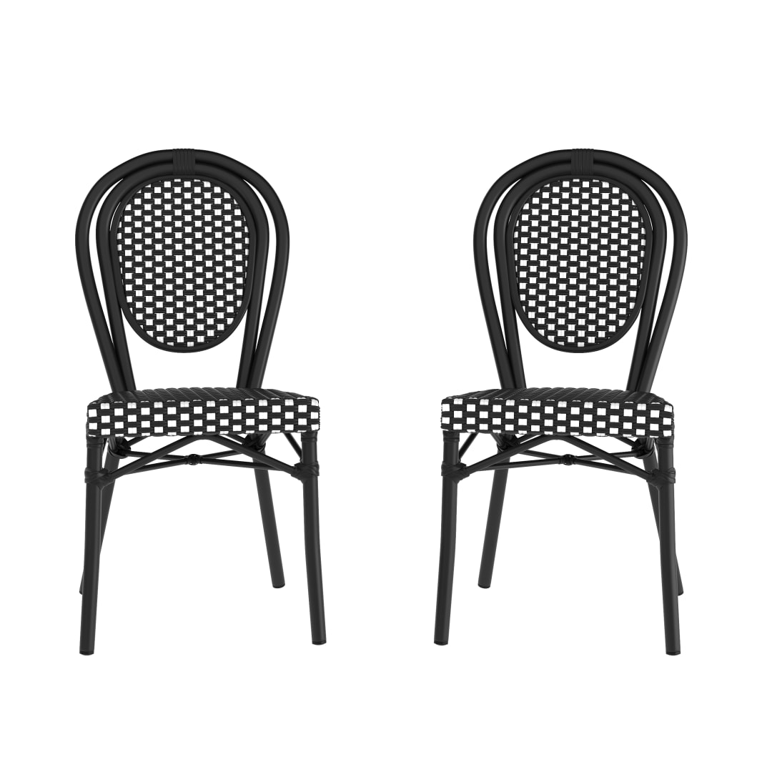 2 Pack Lourdes Indoor/Outdoor Commercial Thonet Bistro Stacking Chair, Black and White PE Rattan and Black Aluminum Frame