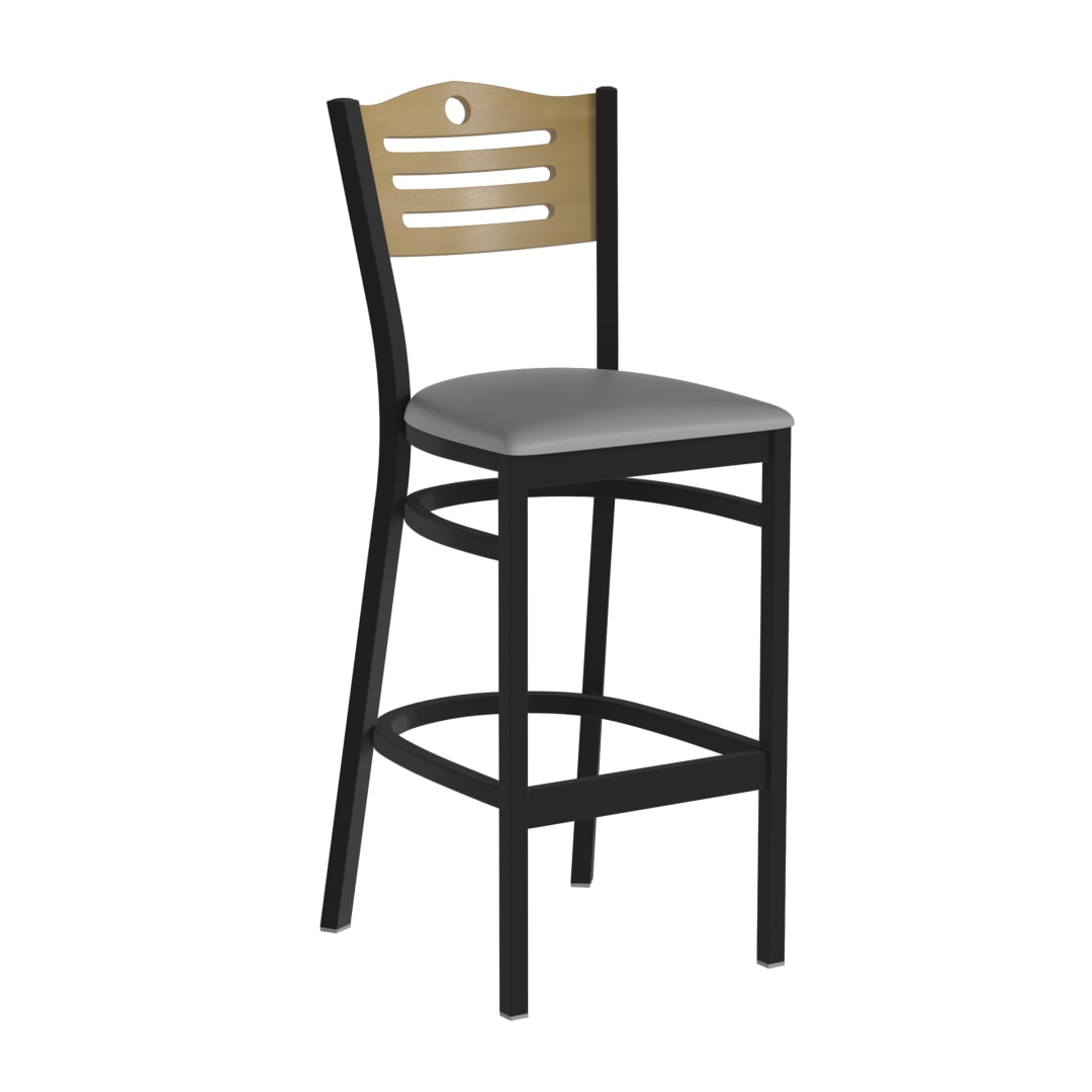 HERCULES Black Slat Back Metal Restaurant Barstool - Natural Wood Back, Gray Vinyl Seat