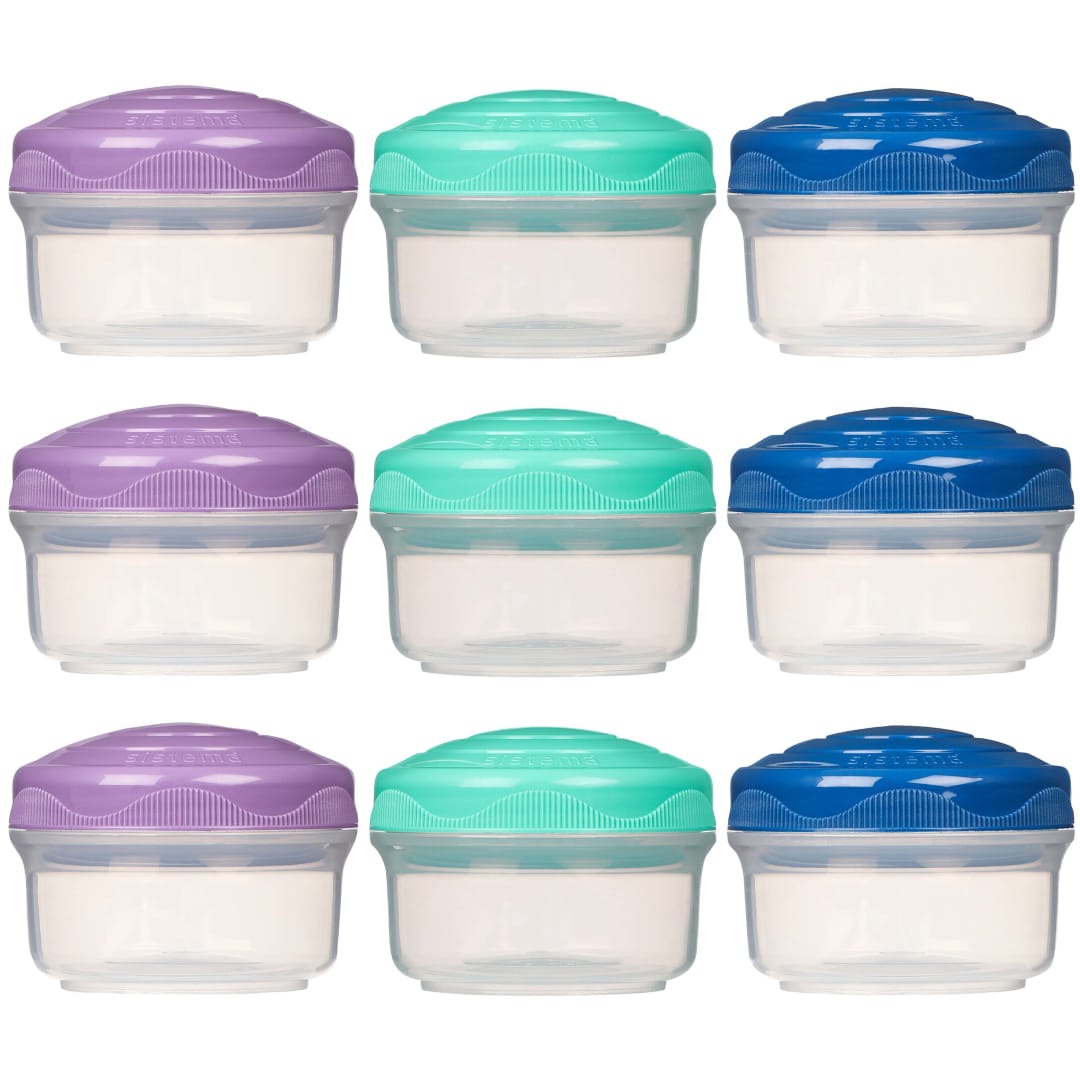 Sistema Snack Pots Mini Bites TO GO | 130 ml | Fiambreras apilables para aperitivos con tapas | Taper plastico | Tapas verderosa y azul | 9 unidades