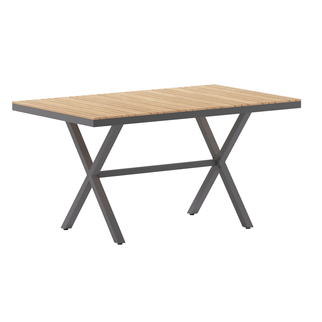 Finch Commercial Grade X-Frame Outdoor Dining Table 59" x 35.5" with Faux Teak Poly Slats and Metal Frame, Natural/Gray
