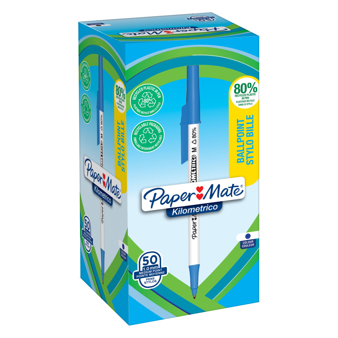 Paper Mate Kilométrico Bolígrafos | Escritura Larga con punta mediana (1,0mm) | Tinta azul | 80% plástico reciclado | 50 unidades