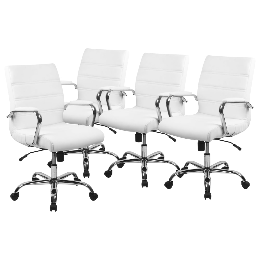 Whitney Mid-Back White LeatherSoft Executive Swivel Office Chair with Chrome Frame and Arms - Set of 4