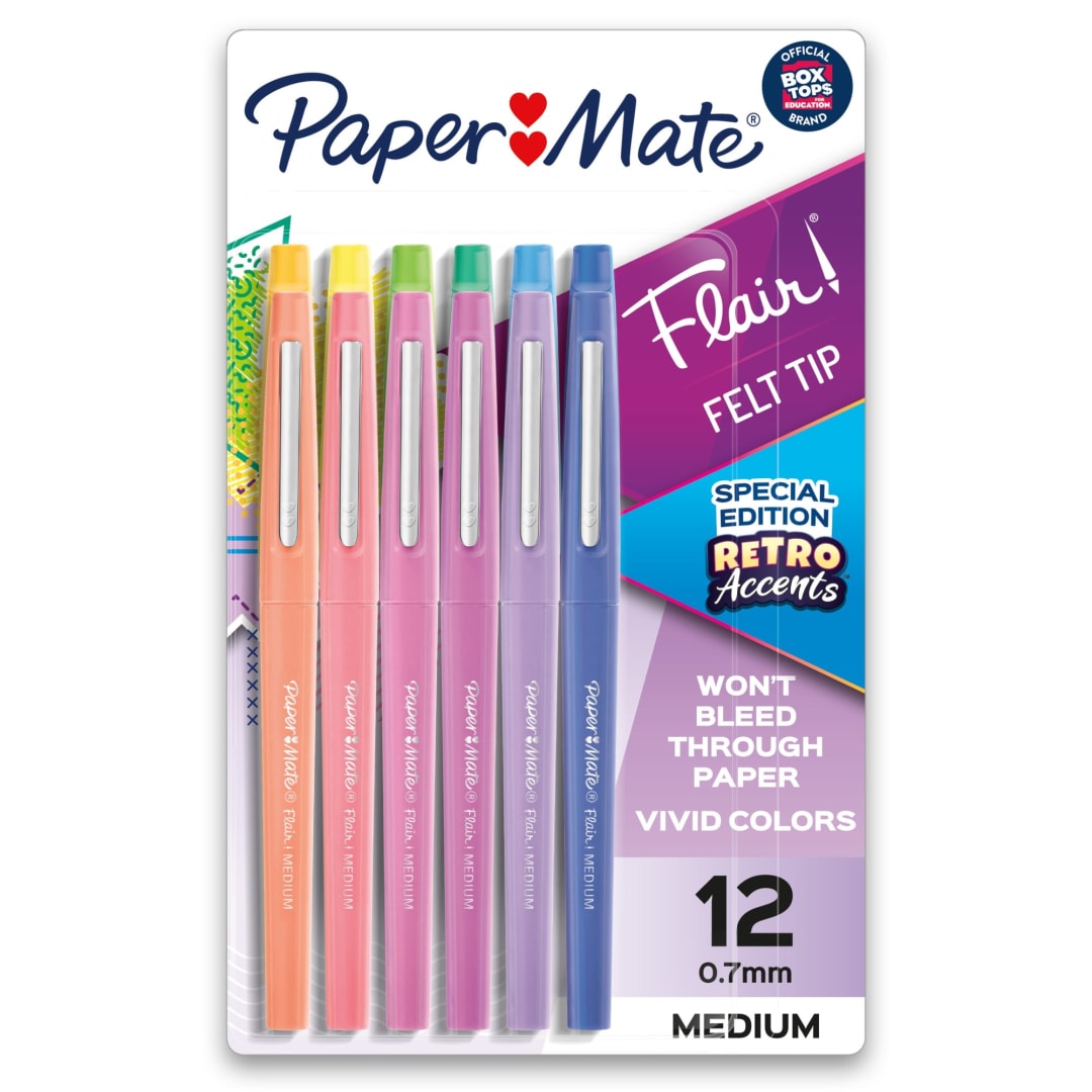 Paper Mate® Flair Felt Tip Pens, Medium Point (0.7mm), Assorted, Special Edition Retro Accents, 12 Count