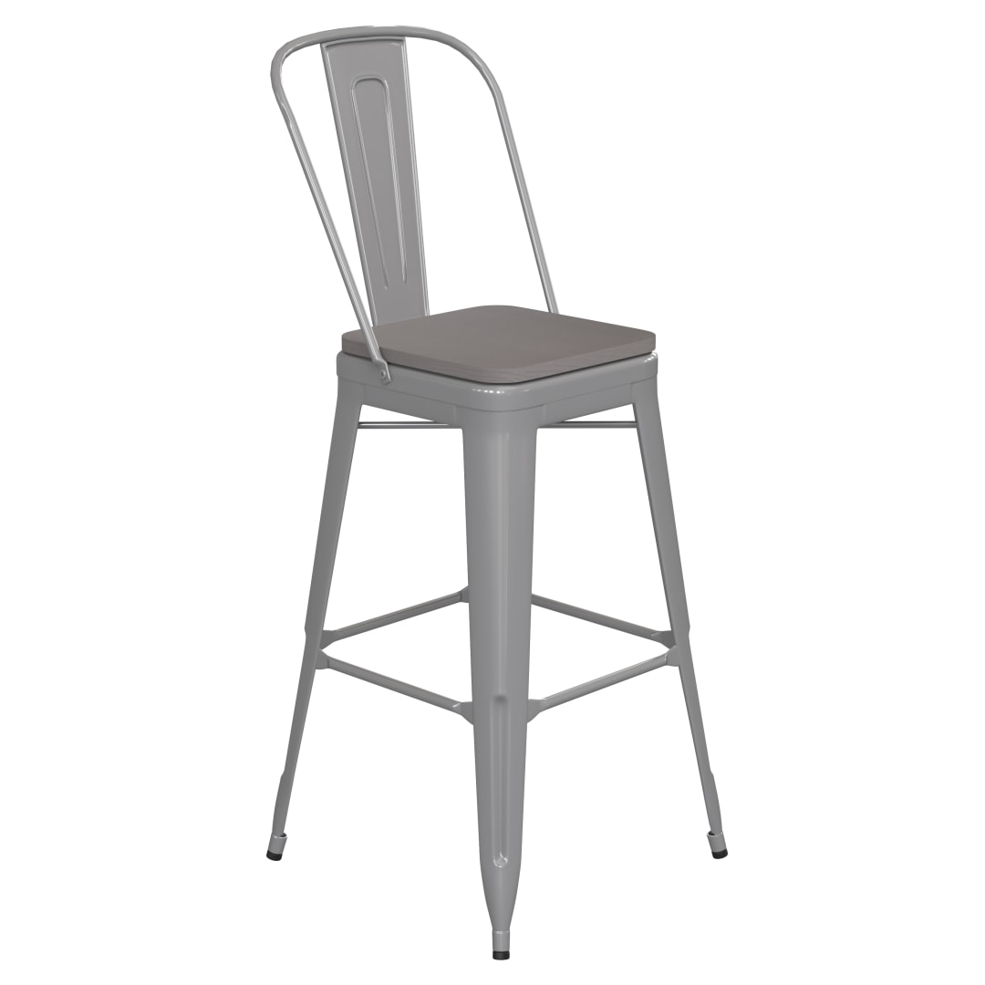 Kai Commercial Grade 30" High Silver Metal Indoor-Outdoor Bar Height Stool with Removable Back and Gray All-Weather Poly Resin Seat