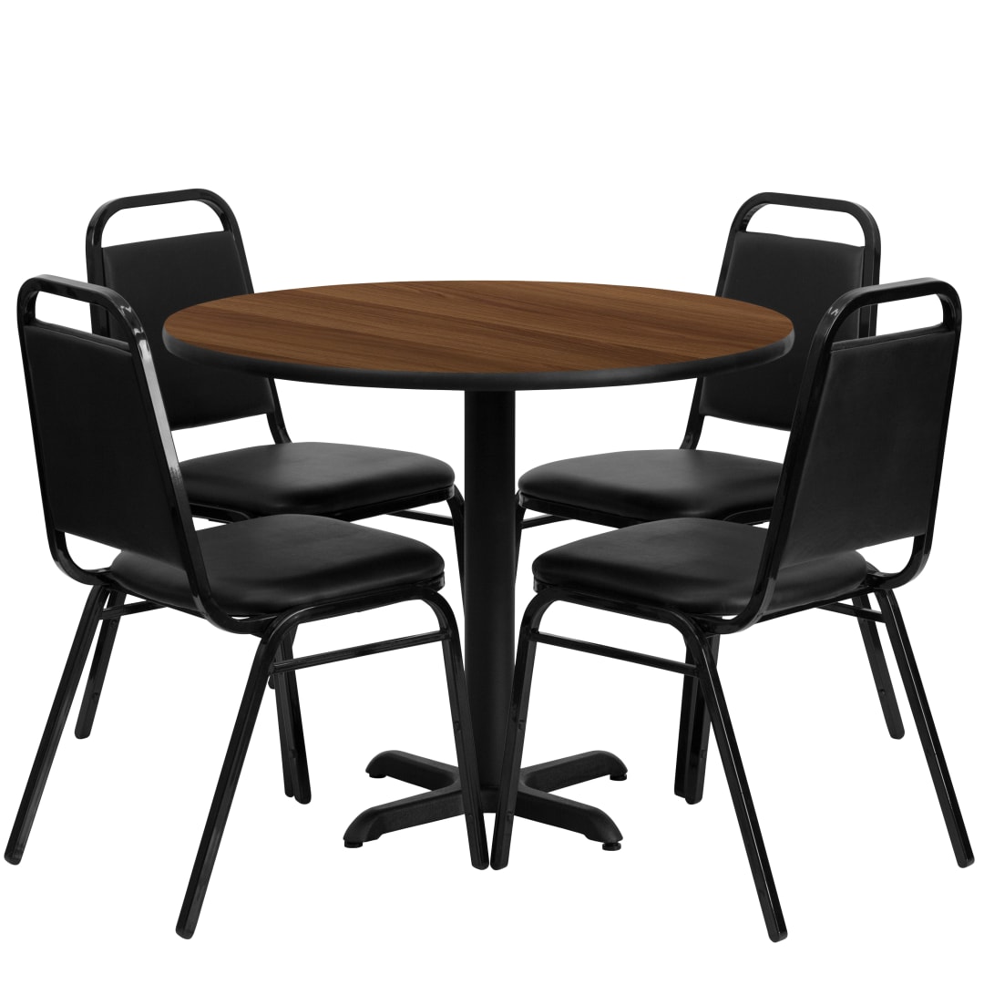Carlton 36'' Round Walnut Laminate Table Set with X-Base and 4 Black Trapezoidal Back Banquet Chairs