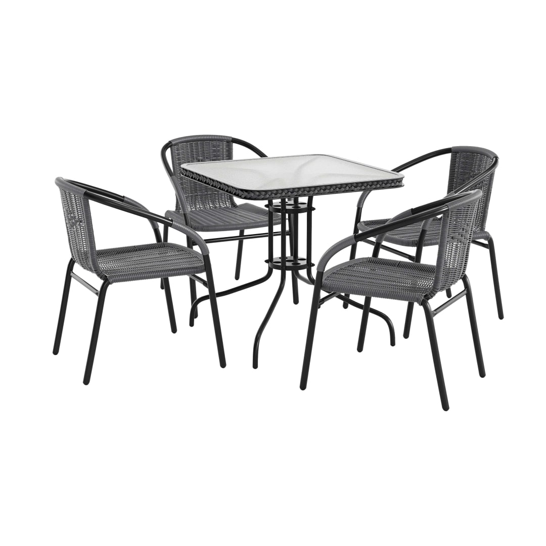 Lila 28'' Square Glass Metal Table with Gray Rattan Edging and 4 Gray Rattan Stack Chairs