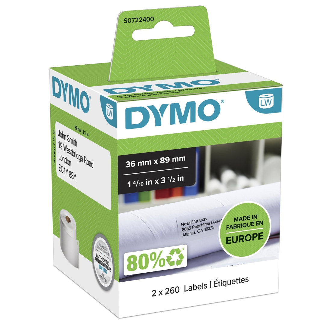 DYMO® Authentic LabelWriter™ Large Address Labels | 36 mm x 89mm | Self-Adhesive | Roll of 260 | 2 pack (520 Easy-Peel Labels) | for LabelWriter™ Label Makers | Made in Europe