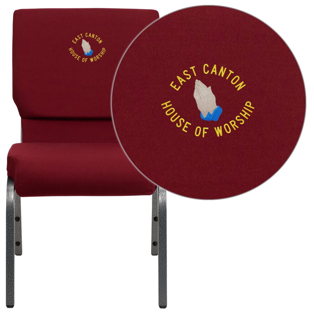 Embroidered HERCULES Series 18.5''W Stacking Church Chair in Burgundy Fabric - Silver Vein Frame