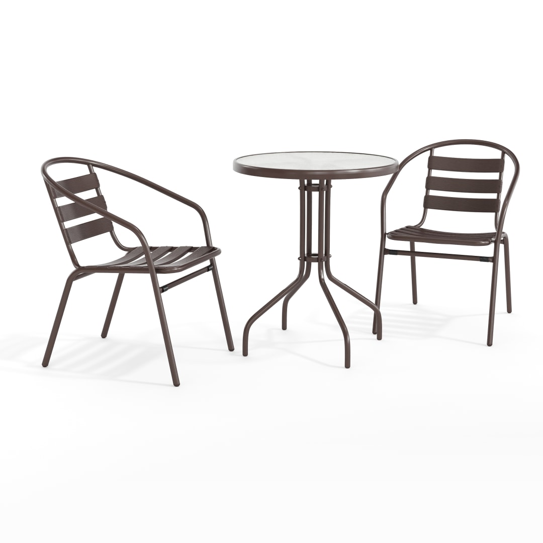 Lila 23.75'' Round Glass Top Metal Table with 2 Bronze Aluminum Slat Stack Chairs