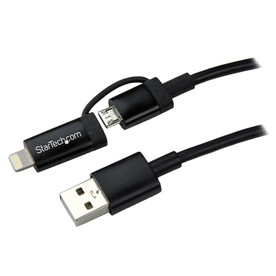 1m (3ft) Black Apple 8-pin Lightning Connector or Micro USB to USB Combo Cable for iPhone / iPod / iPad