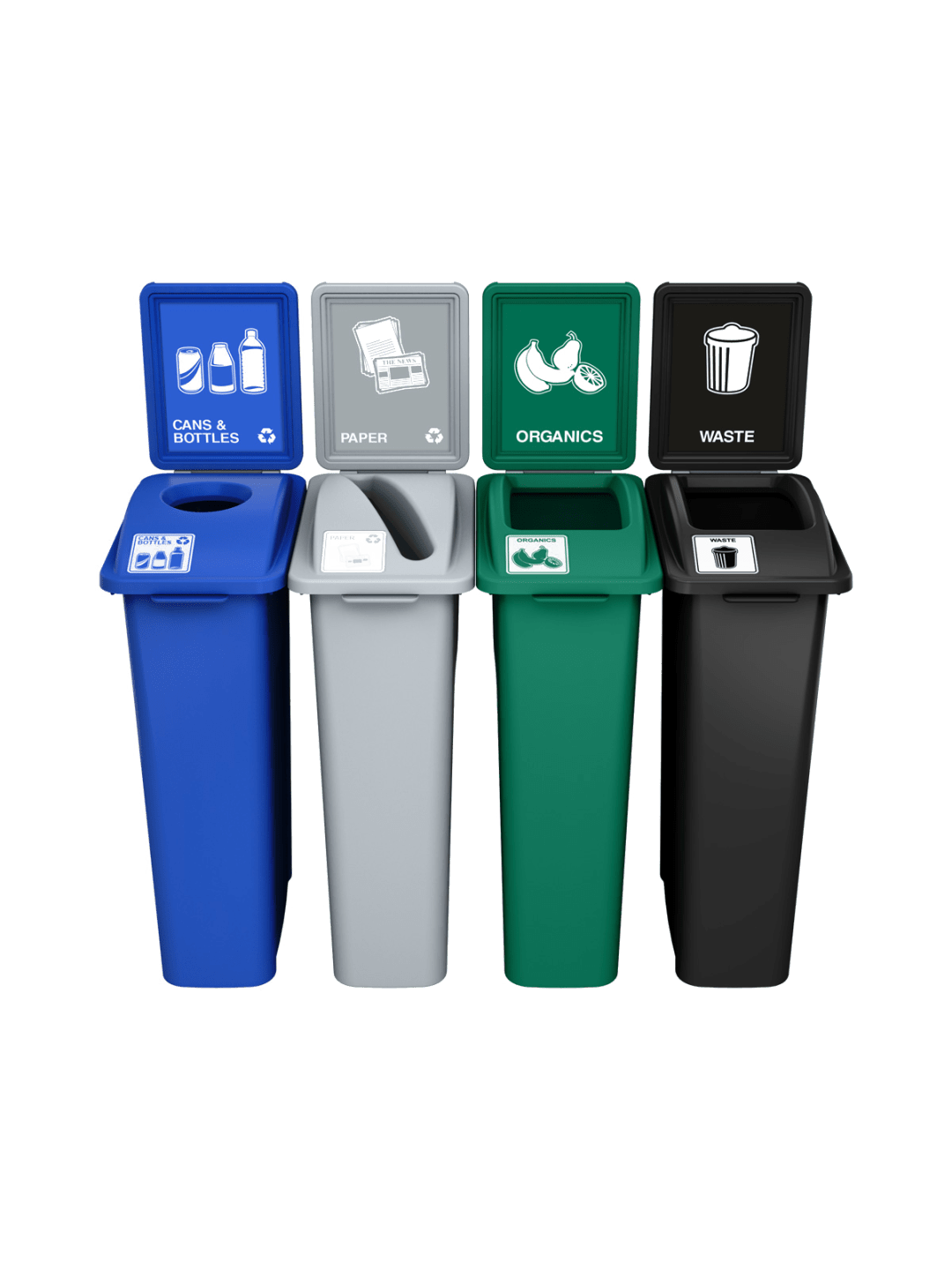  WASTE WATCHER - Quad - Kit - Cans &amp; Bottles-Paper-Organics-Waste - Circle-Slot-Full - Blue-Grey-Green-Black