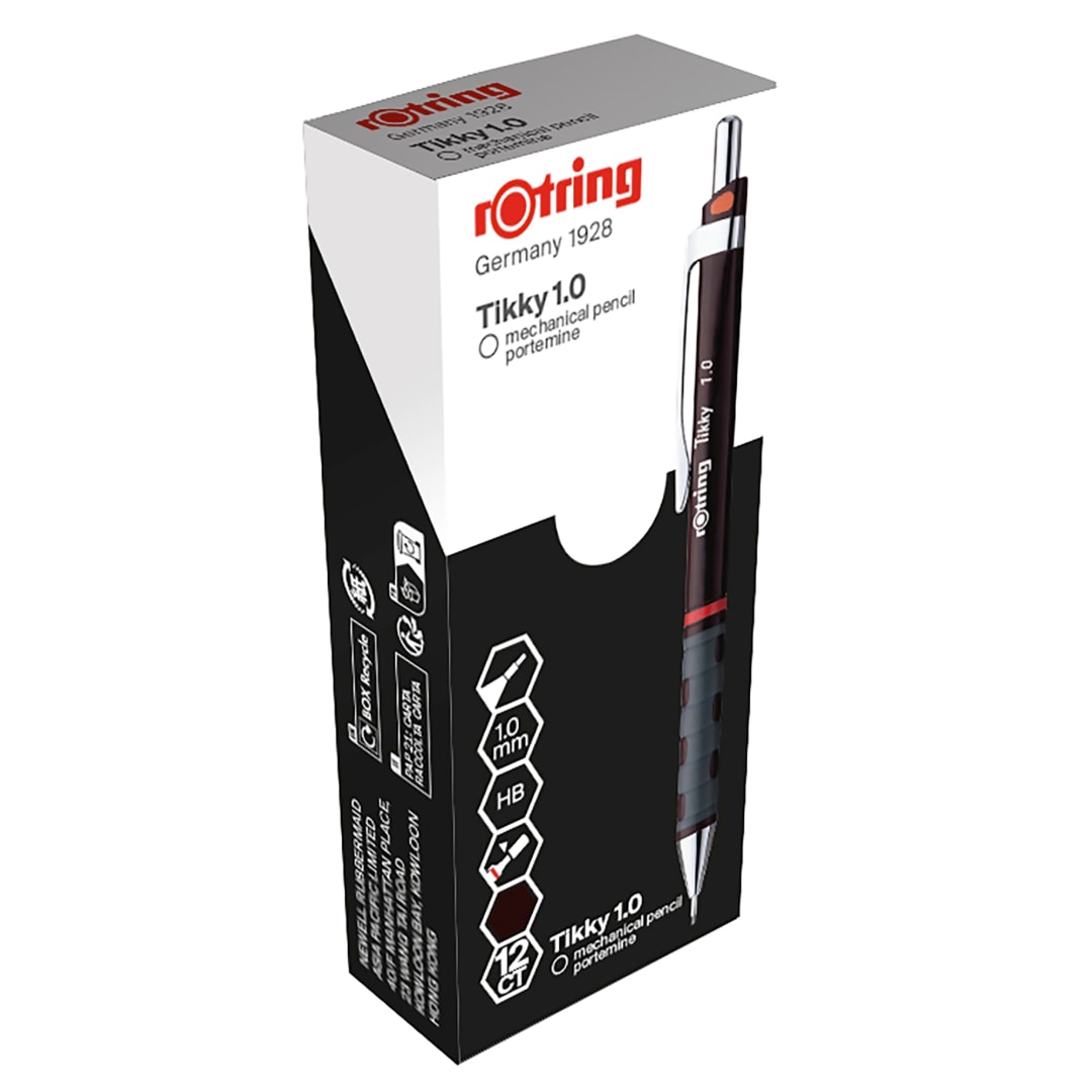 rOtring Tikky Colour-Coded Mechanical Pencils | 1.0 mm | Burgundy Barrel | Box of 12