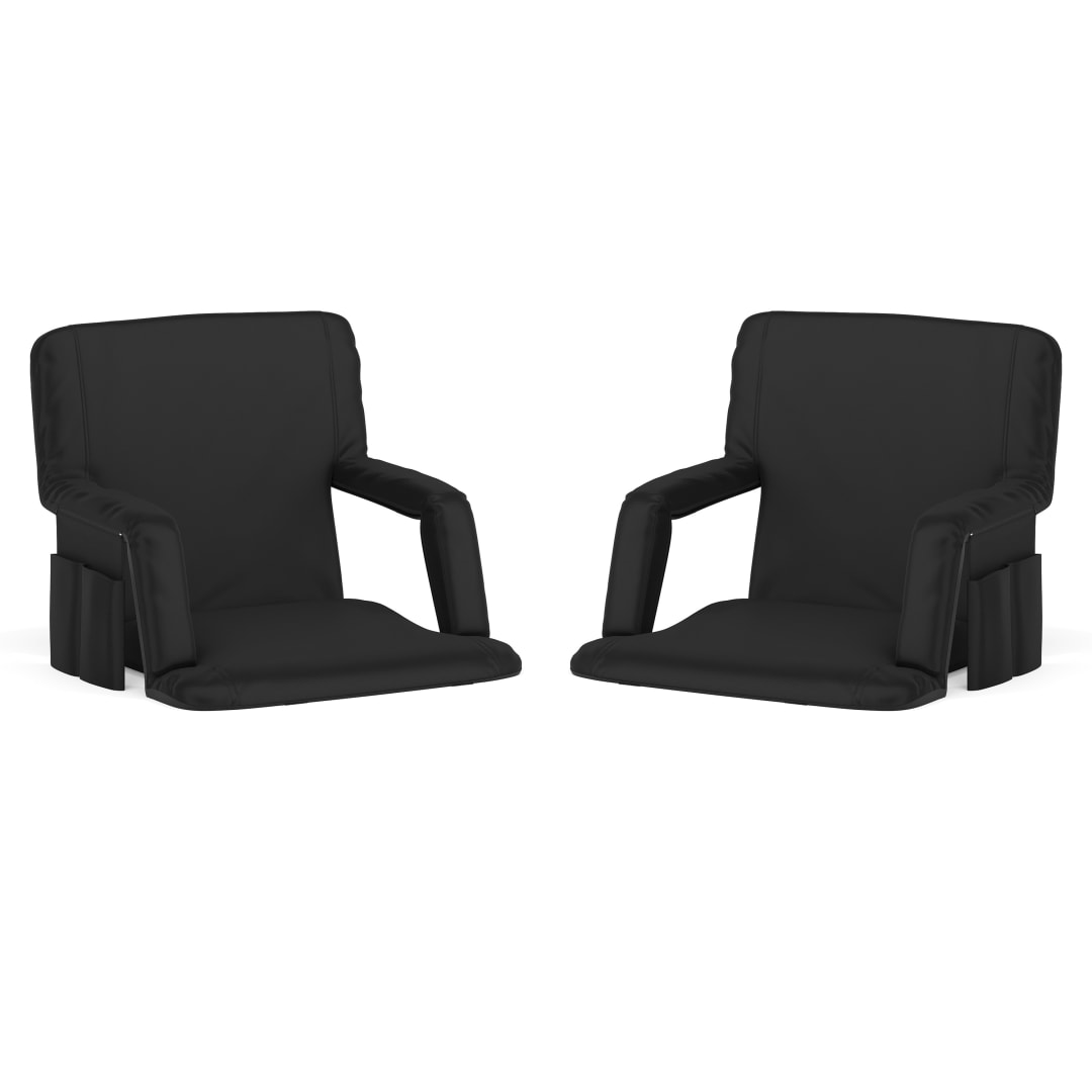 Malta Set of 2 Black Portable Lightweight Reclining Stadium Chairs with Armrests, Padded Back &amp; Seat - Storage Pockets &amp; Backpack Straps
