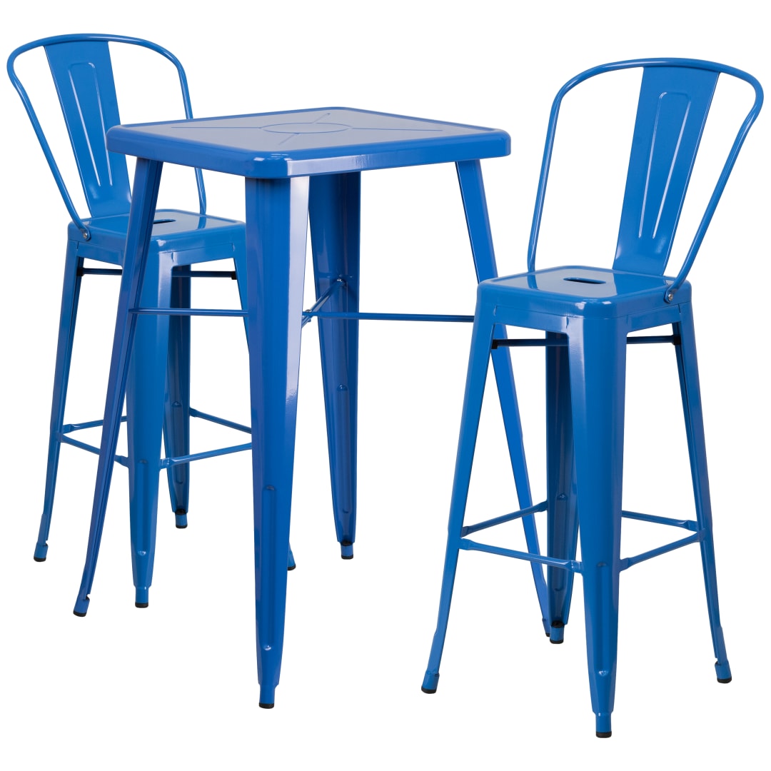 Gable Commercial Grade 23.75" Square Blue Metal Indoor-Outdoor Bar Table Set with 2 Stools with Backs
