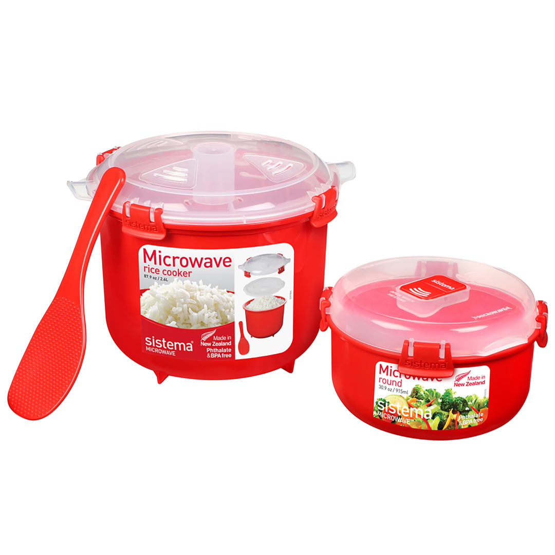 Sistema microondas arrocera (2,6 l) y recipiente redondo para alimentos apto para microondas (915 ml) | Sin BPA