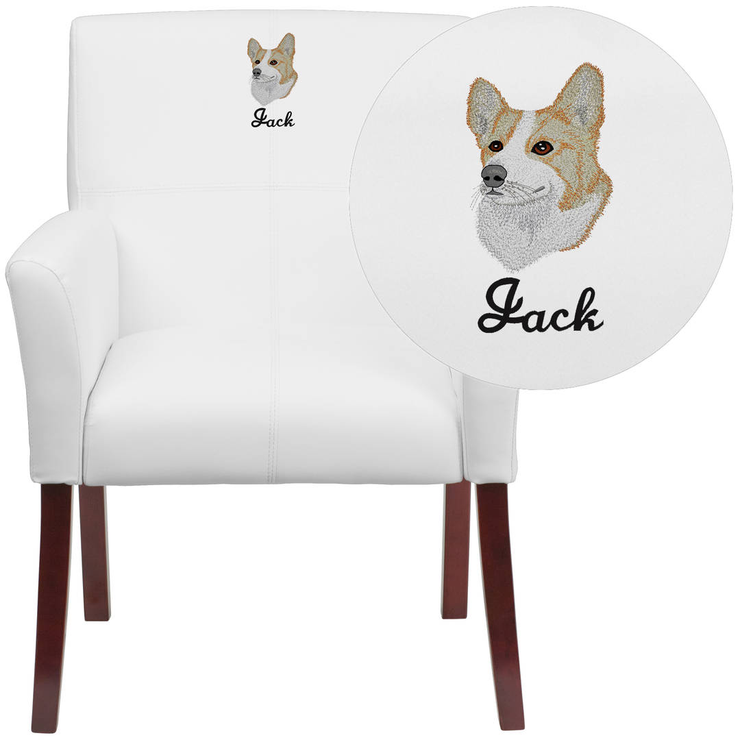 Taylor Embroidered White LeatherSoft Executive Side Reception Chair with Mahogany Legs