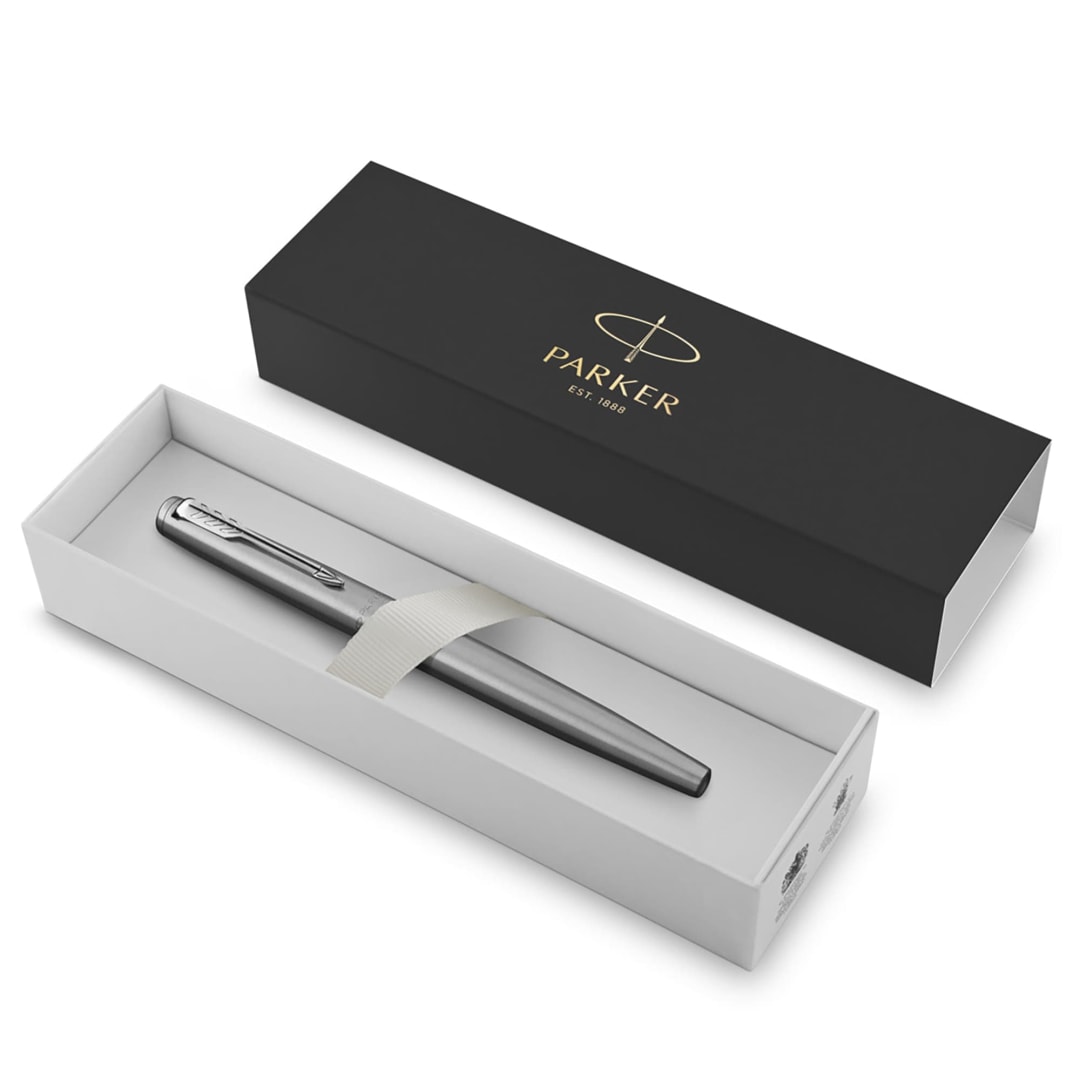 Parker Jotter Fountain Pen | Stainless Steel with Chrome Trim | Medium Nib Blue Ink | Gift Box