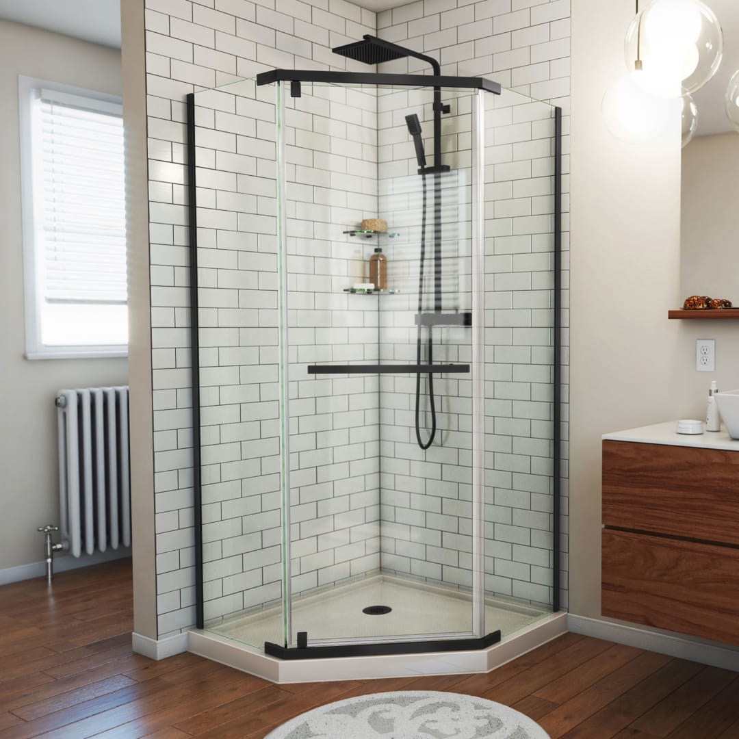 DreamLine Prism 38 inch D x 38 inch W x 74 3/4 inch H Frameless Neo-Angle Pivot Shower Enclosure in Matte Black with Biscuit Shower Base Kit