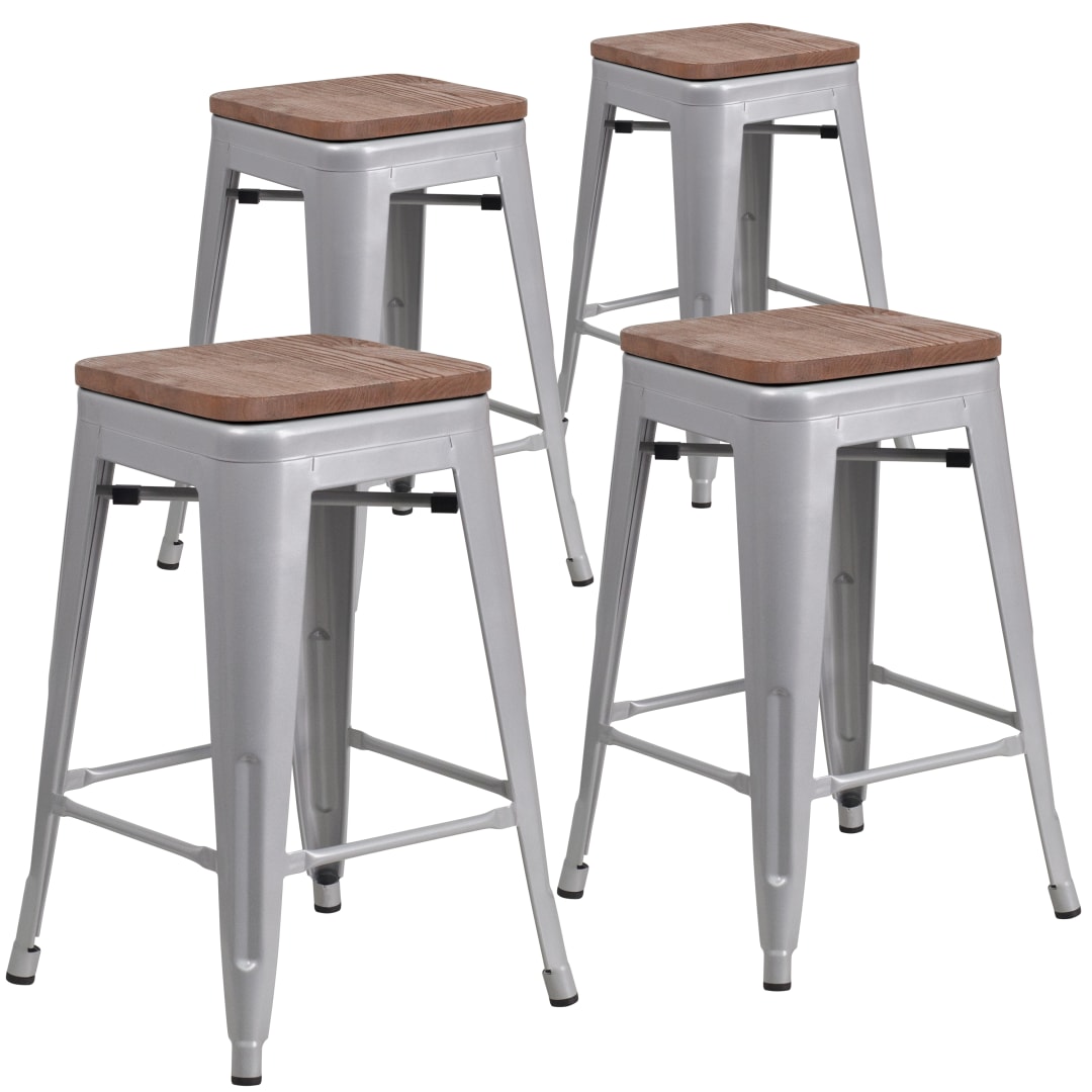 Lily 4 Pk. 24" High Backless Silver Metal Counter Height Stool with Square Wood Seat