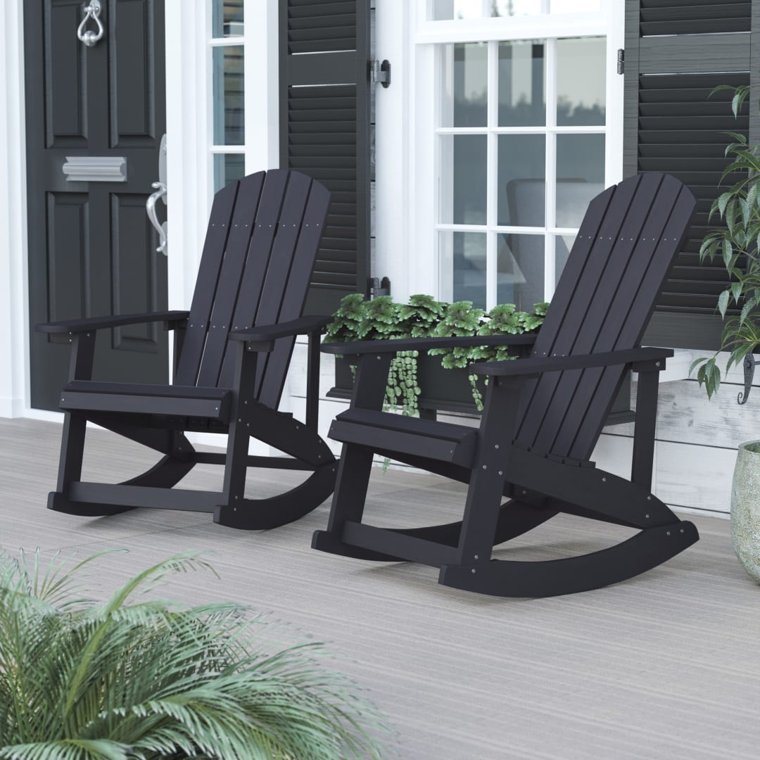 Savannah Commercial Grade All-Weather Poly Resin Wood Adirondack Rocking Chair with Rust Resistant Stainless Steel Hardware in Black - Set of 2