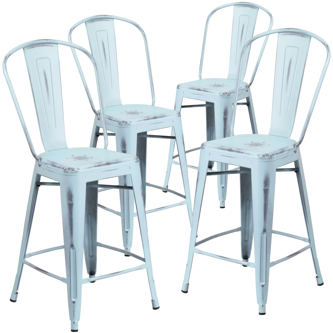 Blake Commercial Grade 4 Pack 24" High Distressed Green-Blue Metal Indoor-Outdoor Counter Height Stool with Back