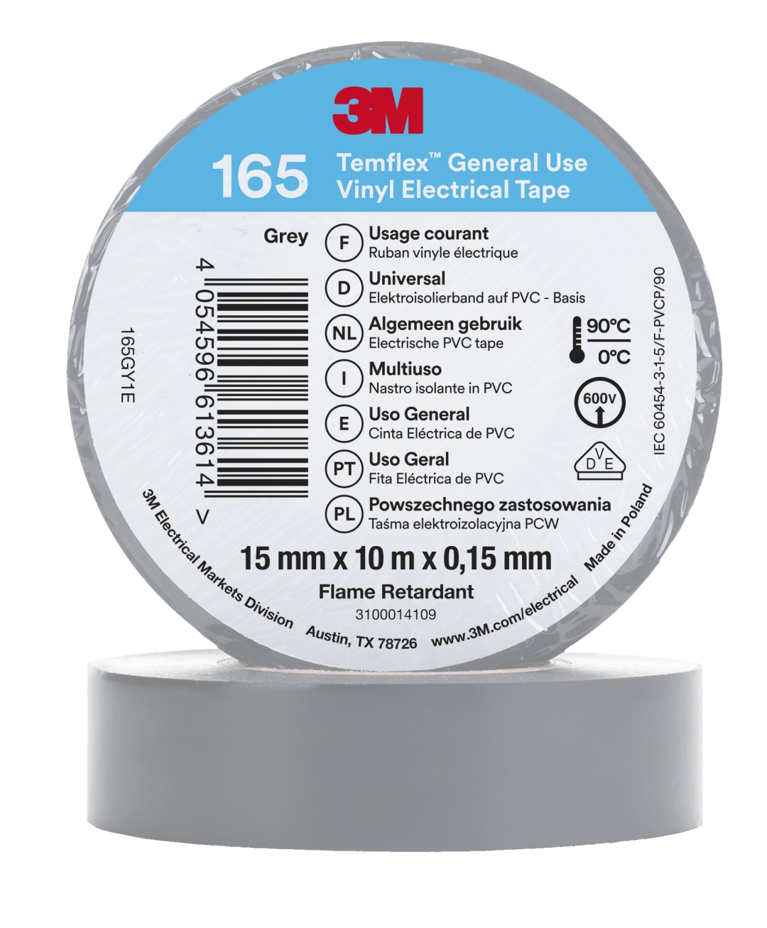 3M™ Temflex™ Vinyl Electrical Tape 165, Grey, 15 mm x 10 m, 100 Rolls/Case