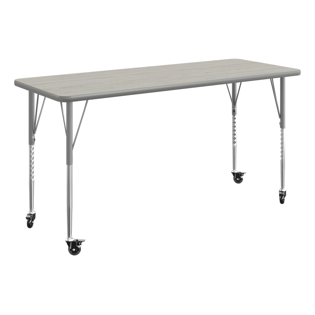 Wren 60" x 24" Adjustable Height Activity Table, Thermal Laminate Top, Silver Standard Legs with Locking Casters, Light Gray