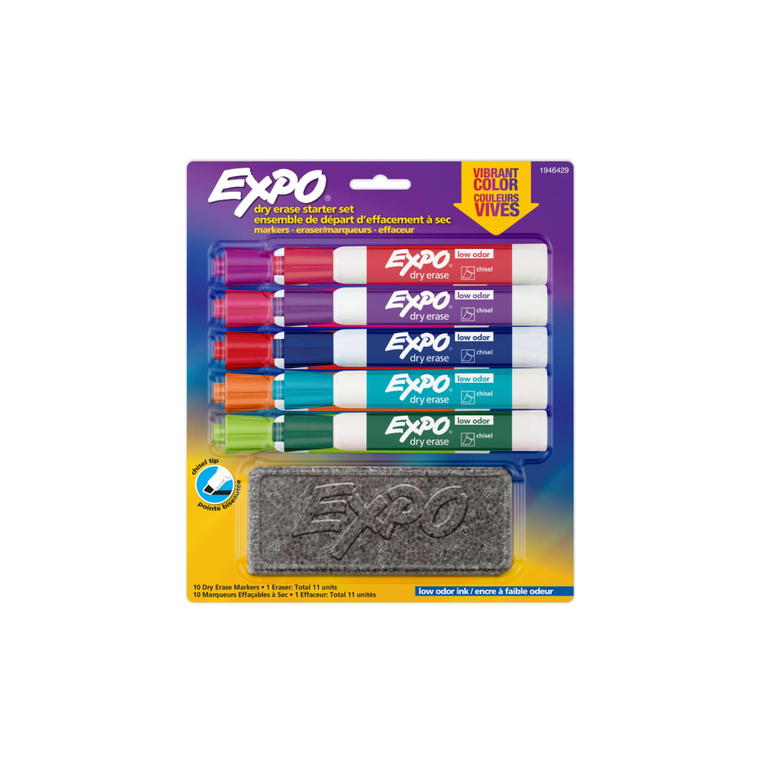 EXPO® Low Odor Dry Erase Marker Starter Set with White Board Eraser, Chisel Tip Dry Erase Markers, Assorted Colors, 11-Piece Set