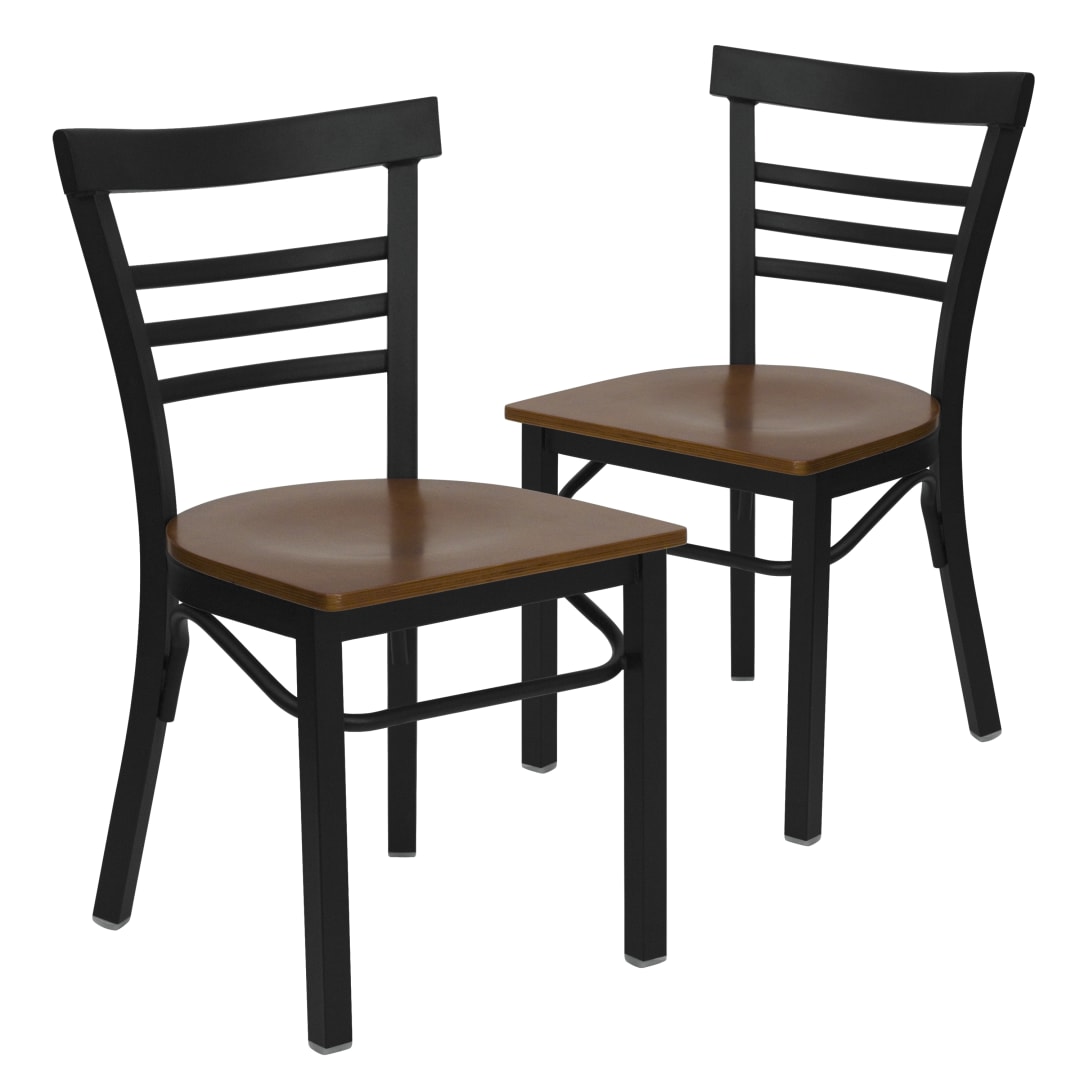 2 Pk. HERCULES Series Black Three-Slat Ladder Back Metal Restaurant Chair - Cherry Wood Seat