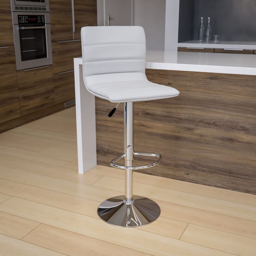 Vincent Modern White Vinyl Adjustable Bar Stool with Back, Swivel Stool with Chrome Pedestal Base and Footrest