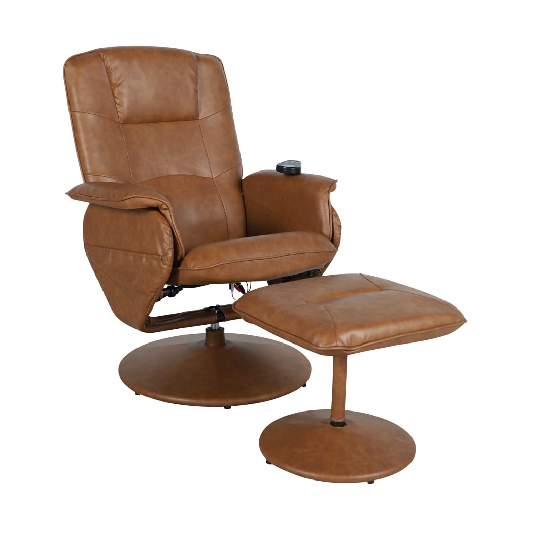 Cason Massaging Adjustable Recliner with Deep Side Pockets and Ottoman with Wrapped Base in Brown LeatherSoft