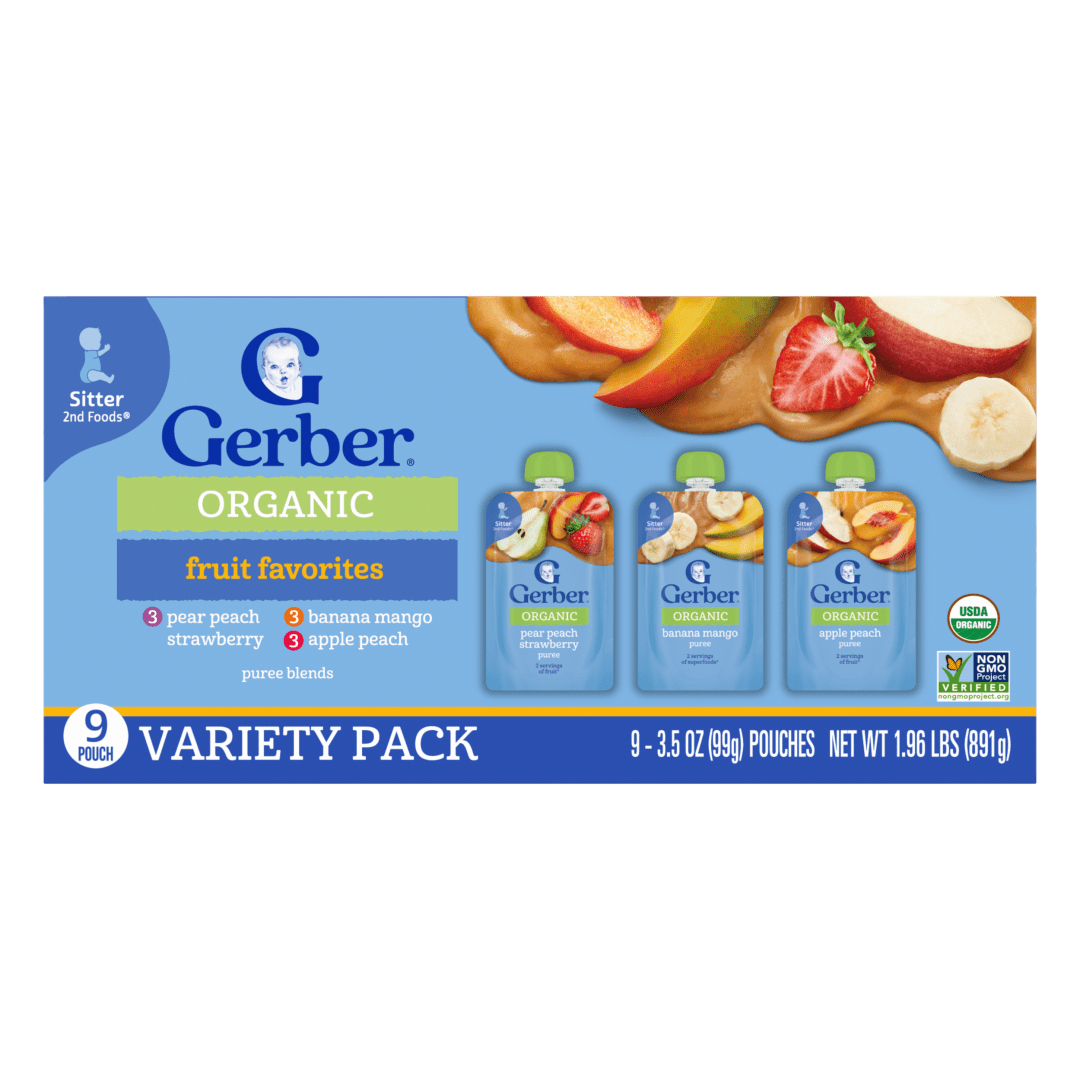 Gerber Stage 2 Baby Food, Organic Fruit Favorites Puree Pouches, Variety Pack, 9PK