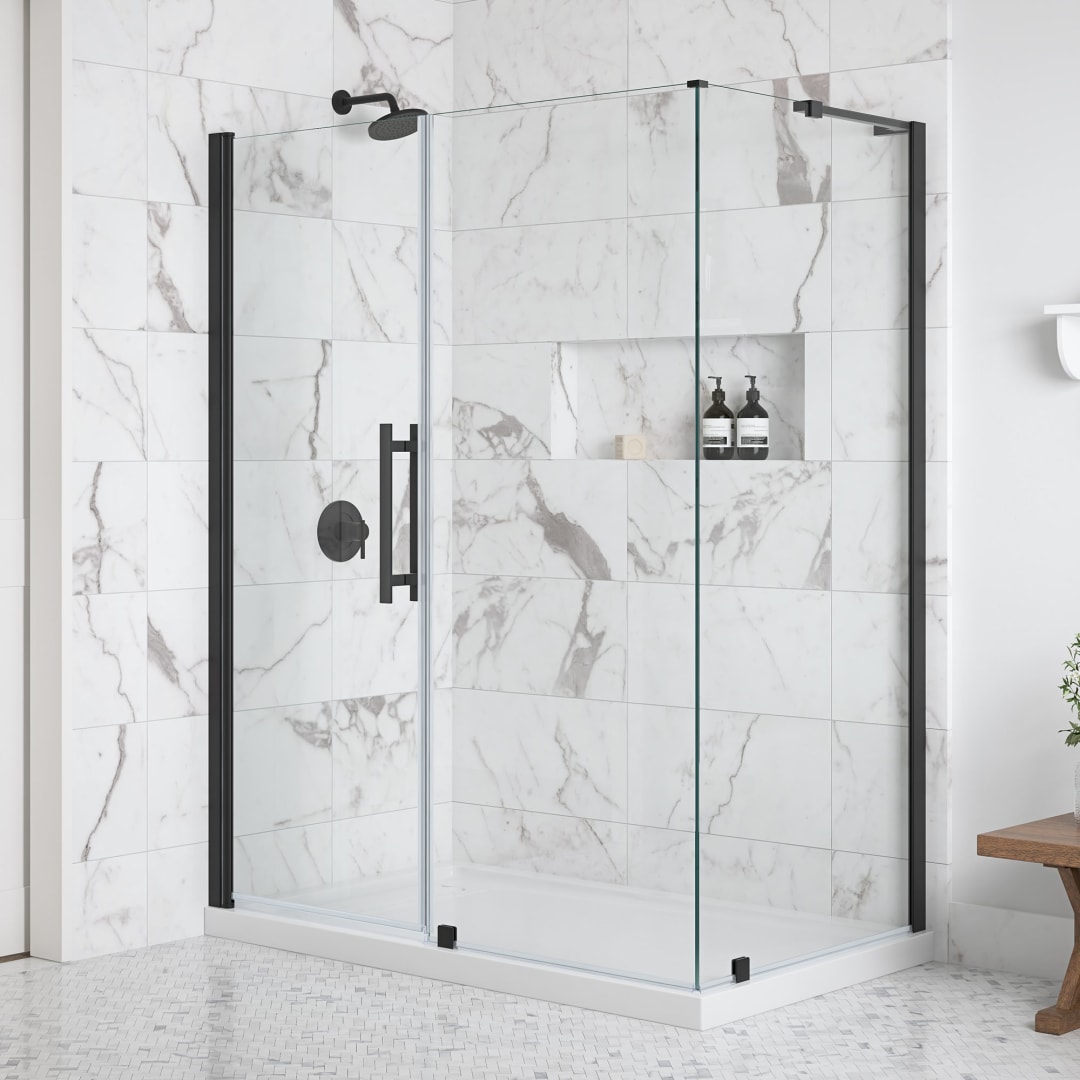 OVE Breeze Pivot 60 in. W x 36 in. D x 74 3/4 in. H Corner Frameless Pivot Shower Door Kit in Black with Base Pan