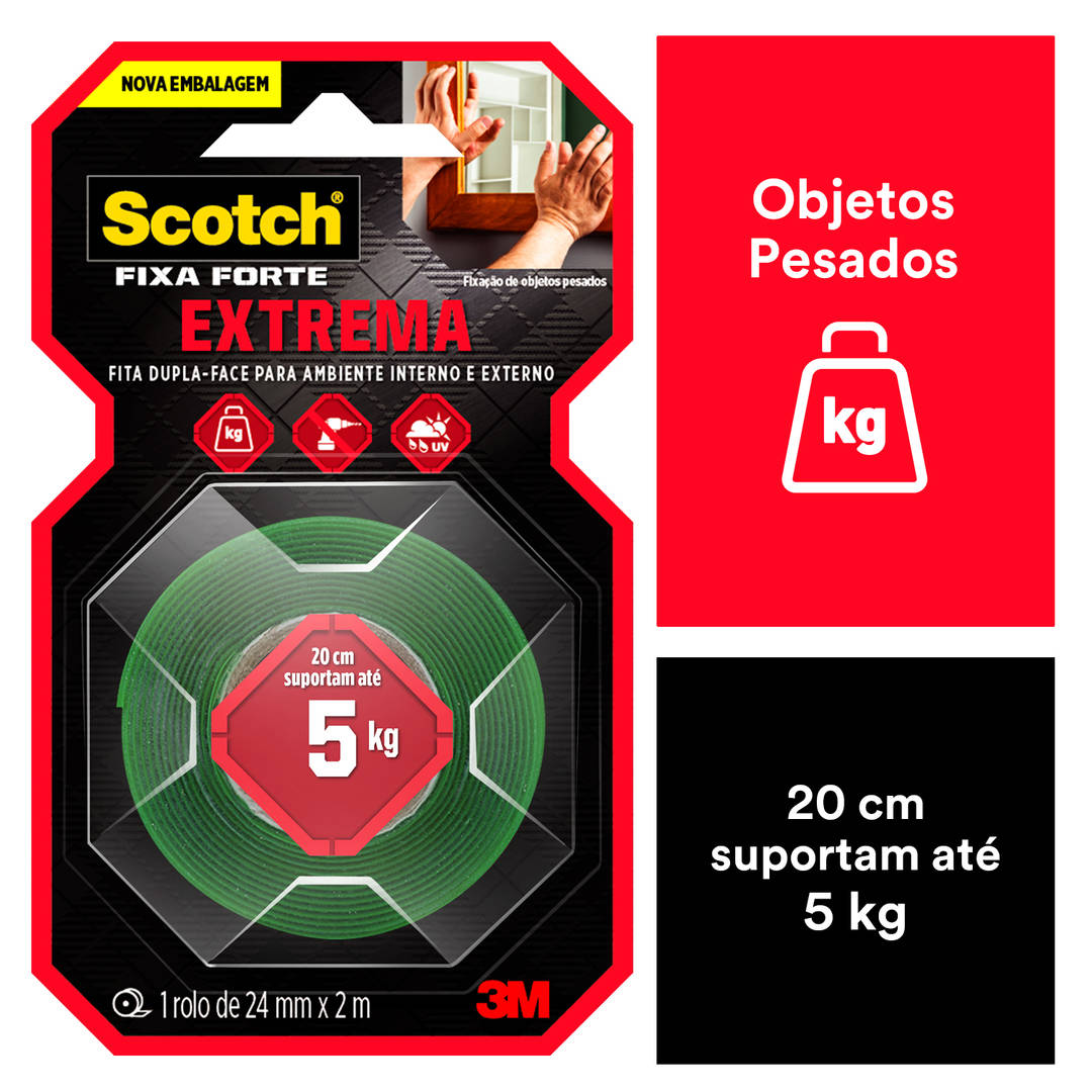 Fita Dupla Face 3M™ Scotch® Fixa Forte Fixação Extrema, 24 mm x 2 m