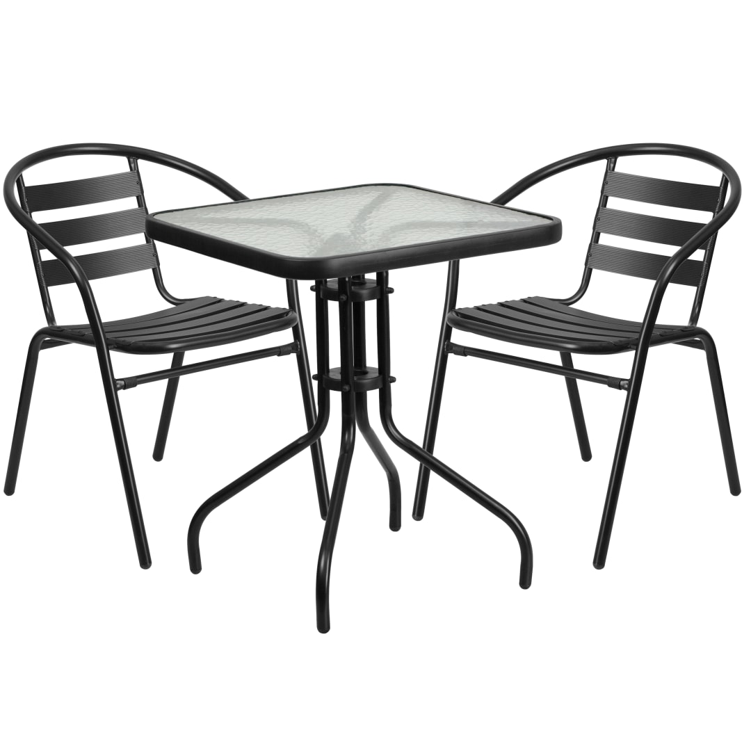 Lila 23.5'' Square Glass Metal Table with 2 Black Metal Aluminum Slat Stack Chairs