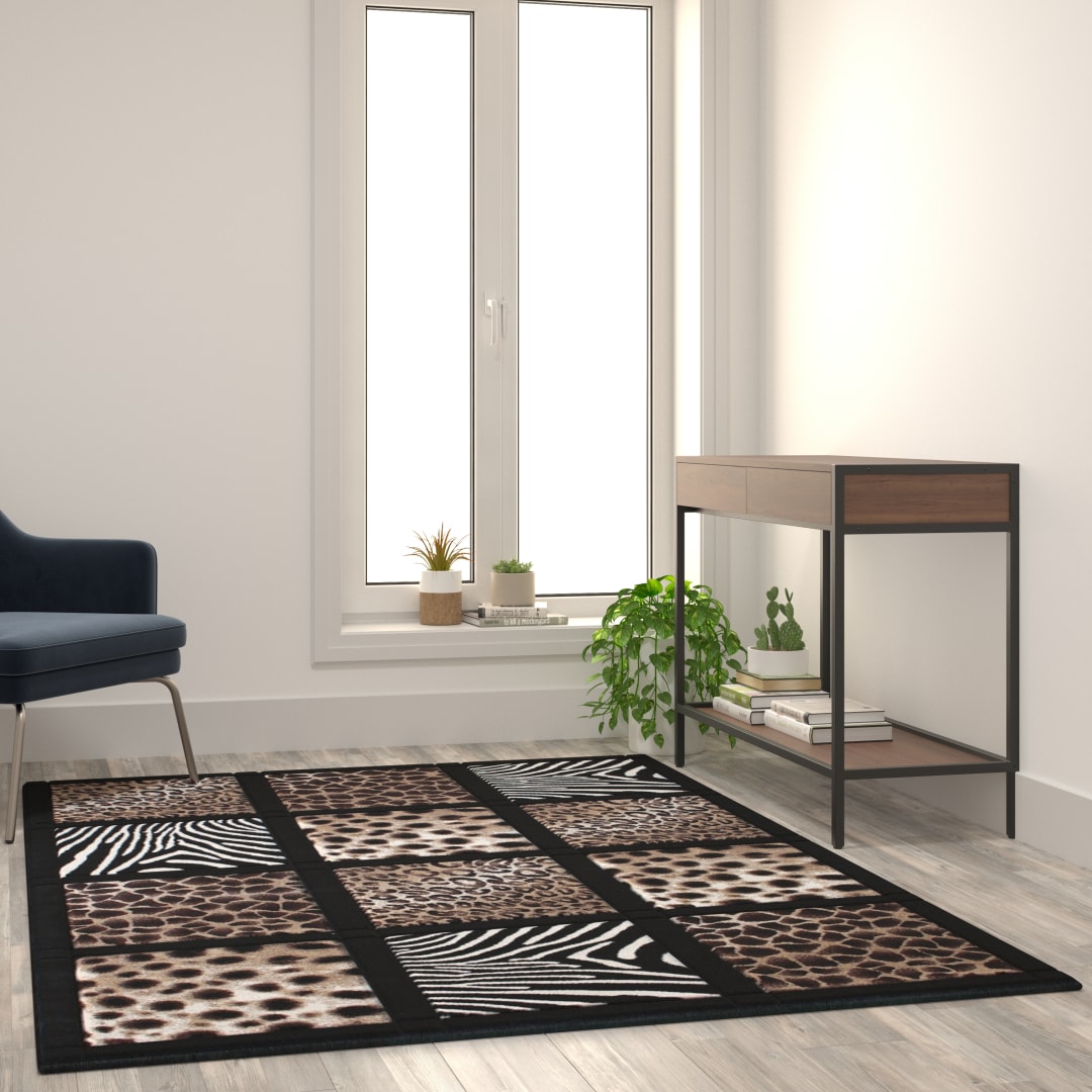 Menagerie Collection 5' x 7' Modern Animal Print Olefin Area Rug with Cheetah, Leopard, Zebra and Giraffe Design Raised Squares