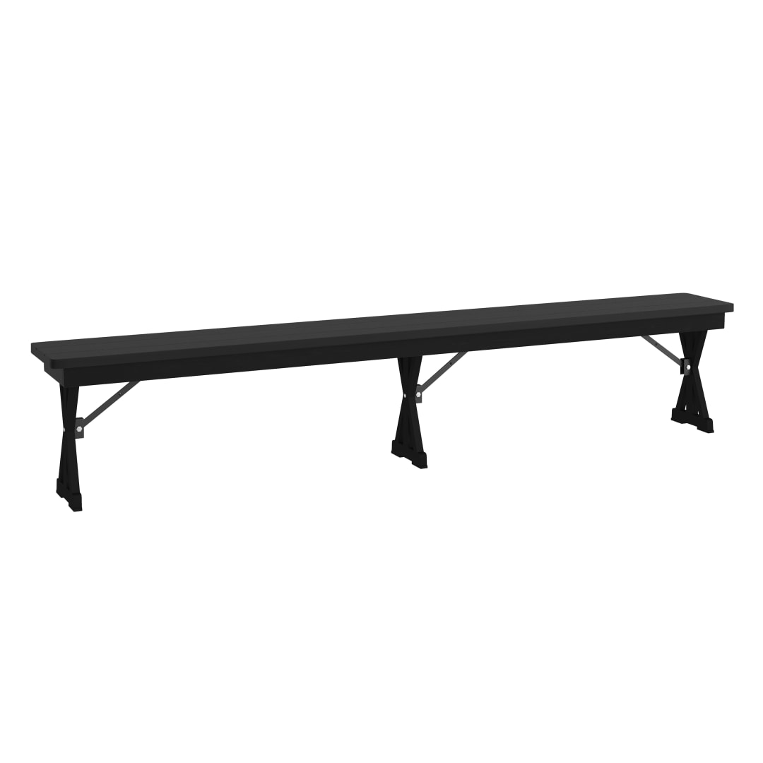 HERCULES 8' x 12'' Black Wash Commercial Antique Solid Pine Farmhouse Folding Bench with Foldable Locking X-Legs