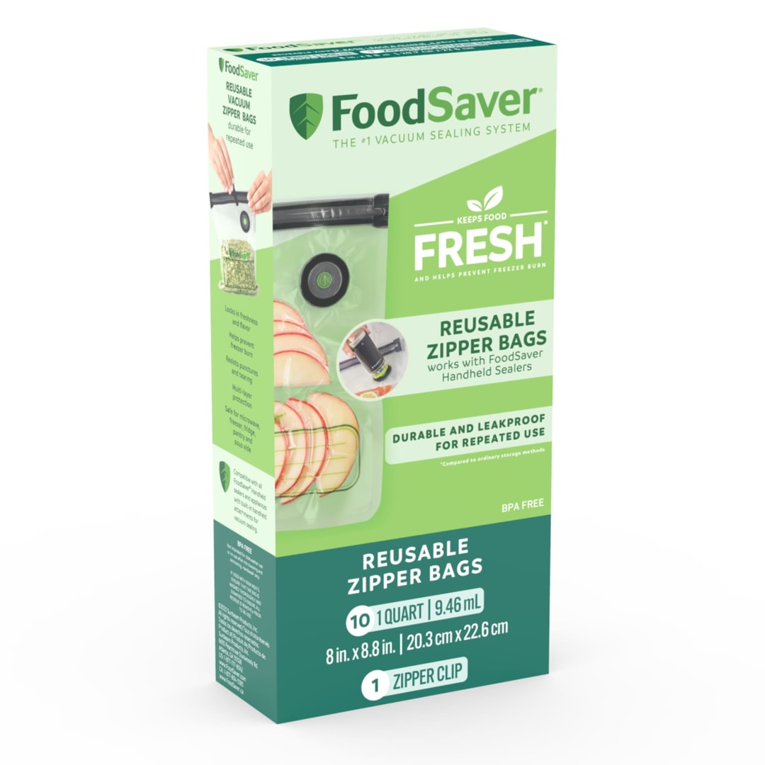 FoodSaver Reusable Quart Vacuum Zipper Bags, 10 Count BPA-Free Storage Bags for Food, Sous Vide, and Meal Prep, Compatible with Handheld Sealers