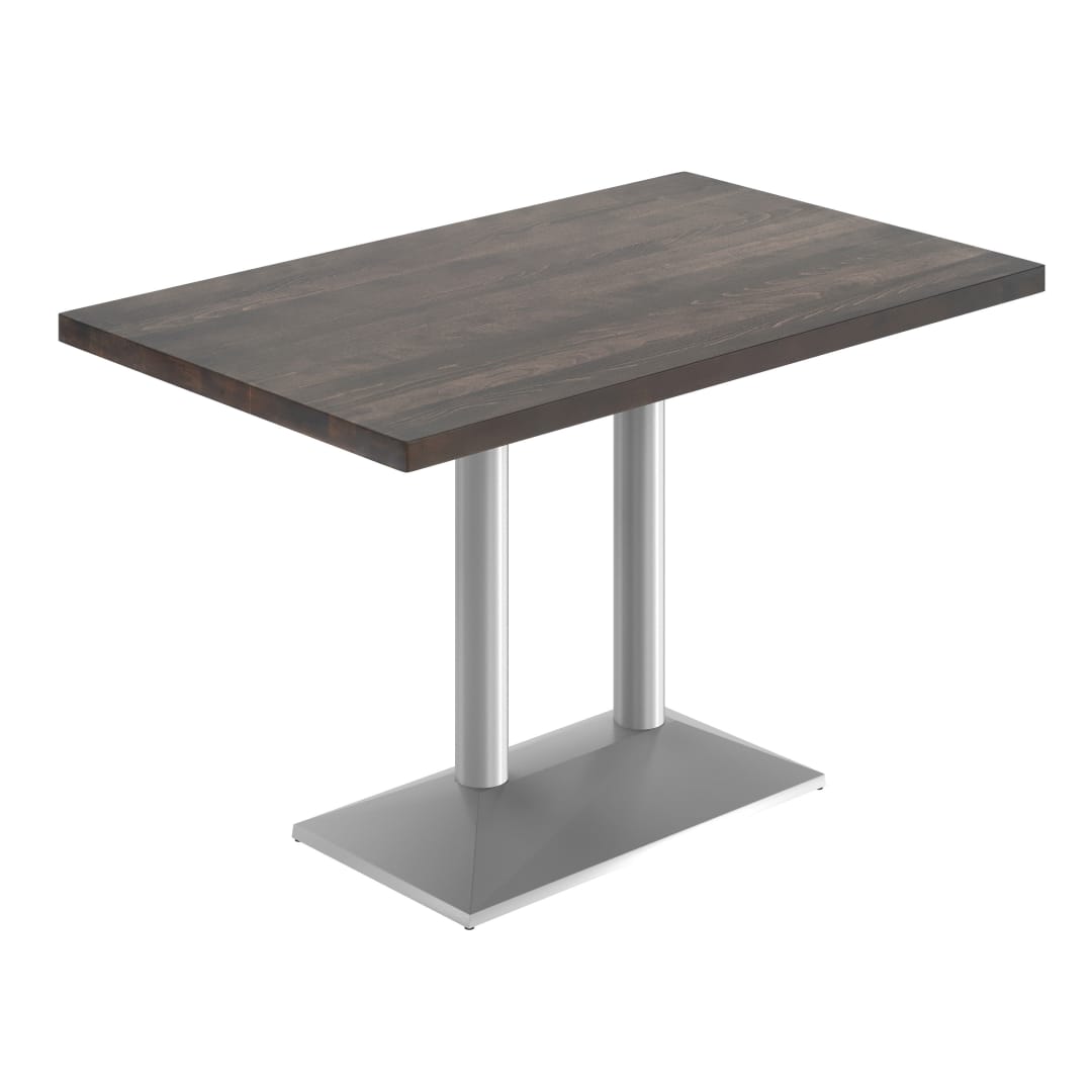 Bennett 30" x 48" Solid Wood Indoor Tabletop in Dark Brown with 27" x 15" Silver Double Column Dining Height Table Base