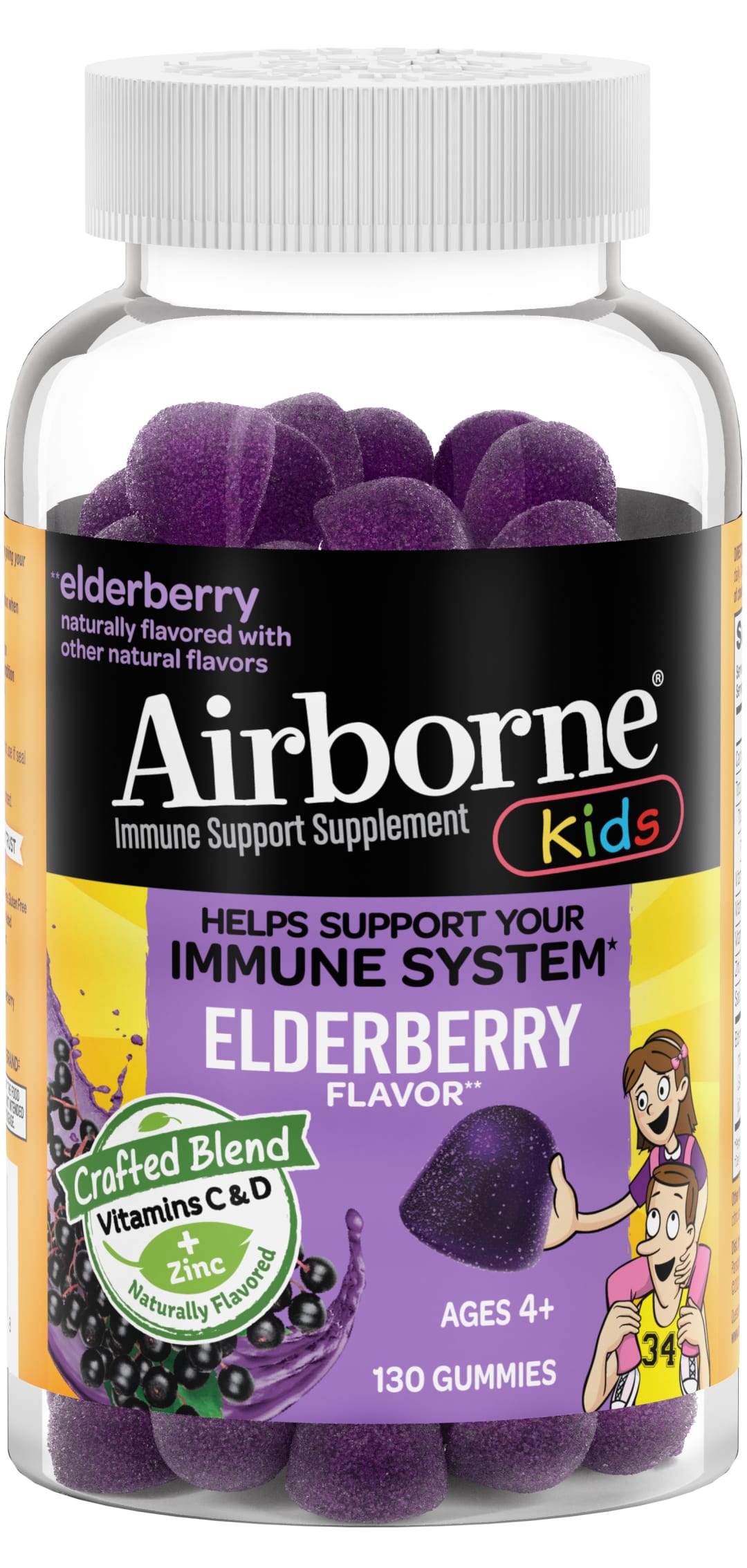 Holunderbeere + Vitamine & Zink Mischung KIDS Gummibärchen, Airborne (130 Stück in einer Flasche), Glutenfreie Immun-Support-Nahrungsergänzung mit Vitamin C, D & E – Ohne künstliche Süßstoffe & Farbstoffe