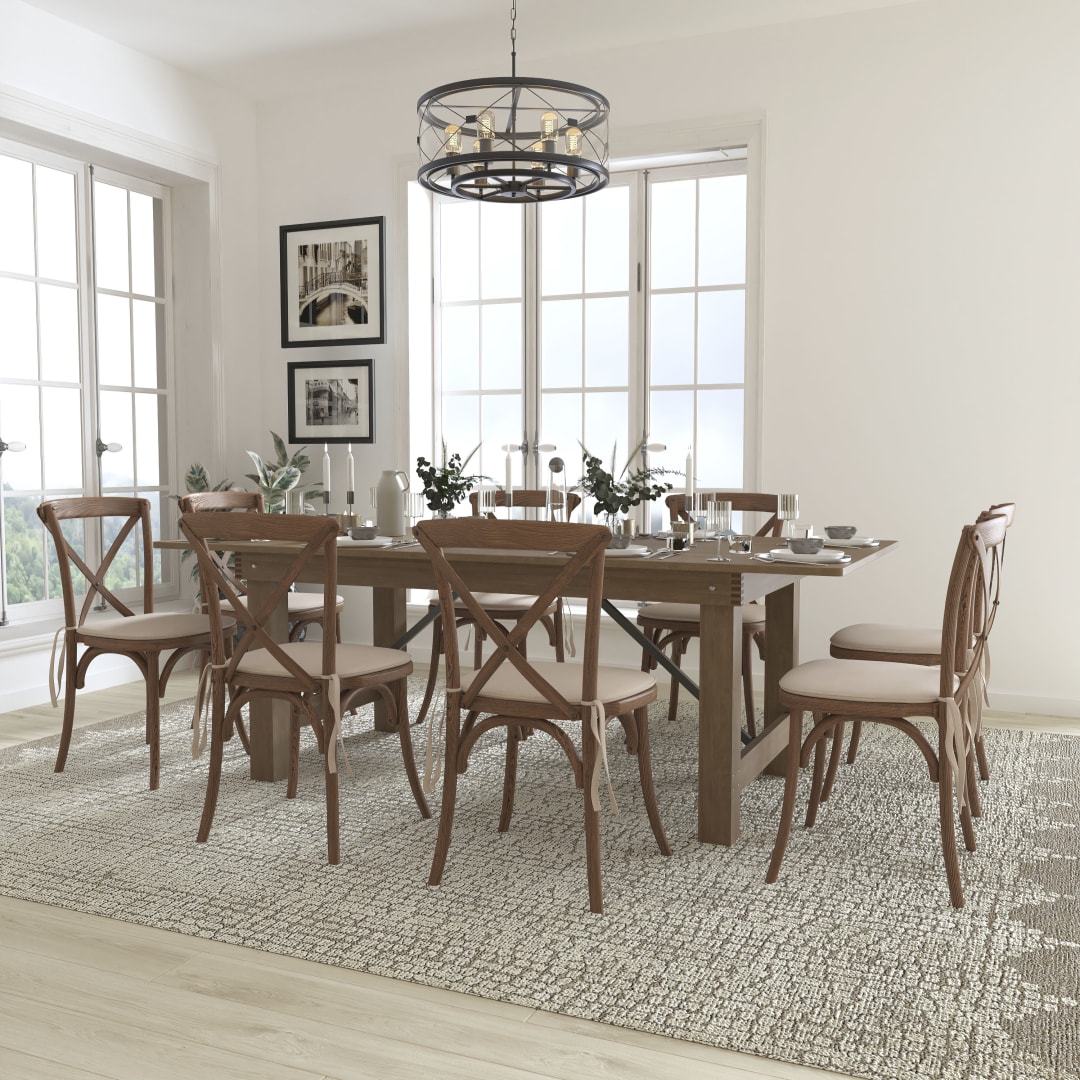 HERCULES Series 7' x 40'' Antique Rustic Folding Farm Table Set with 8 Cross Back Chairs and Cushions