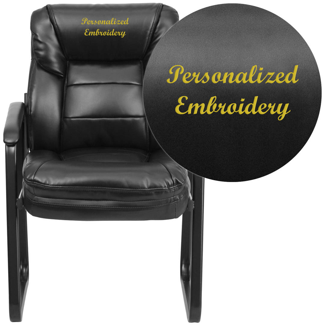 Isla Embroidered Black LeatherSoft Executive Side Reception Chair with Lumbar Support and Sled Base