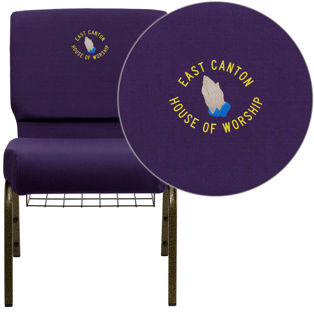 Embroidered HERCULES Series 21''W Church Chair in Royal Purple Fabric with Cup Book Rack - Gold Vein Frame