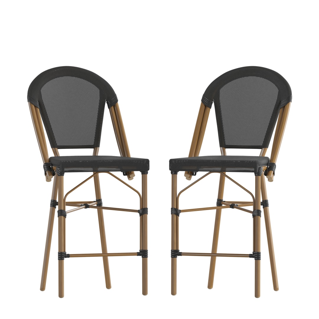 Marseille Set of 2 Stackable Indoor/Outdoor Bistro 26" High Counter Height Stools, Commercial Grade, Black and Bamboo Finish
