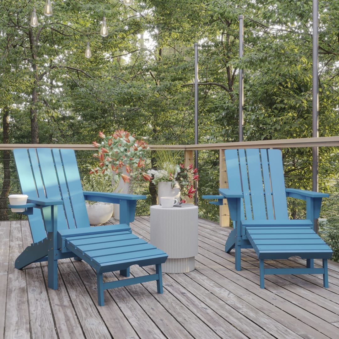 Halifax HDPE Adirondack Chair with Cup Holder and Pull Out Ottoman, All-Weather HDPE Indoor/Outdoor Lounge Chair in Blue, Set of 2