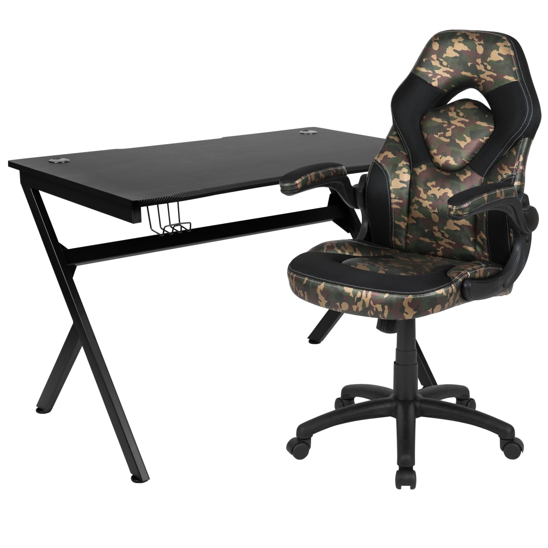 Optis Black Gaming Desk and Camouflage/Black Racing Chair Set with Cup Holder, Headphone Hook &amp; 2 Wire Management Holes
