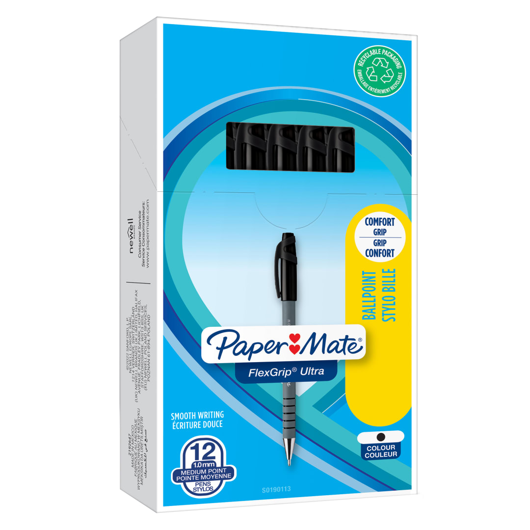 Paper Mate Flexgrip Ultra bolígrafo con capuchón | punta mediana (1,0 mm) | negro | Material escolar | caja de 12
