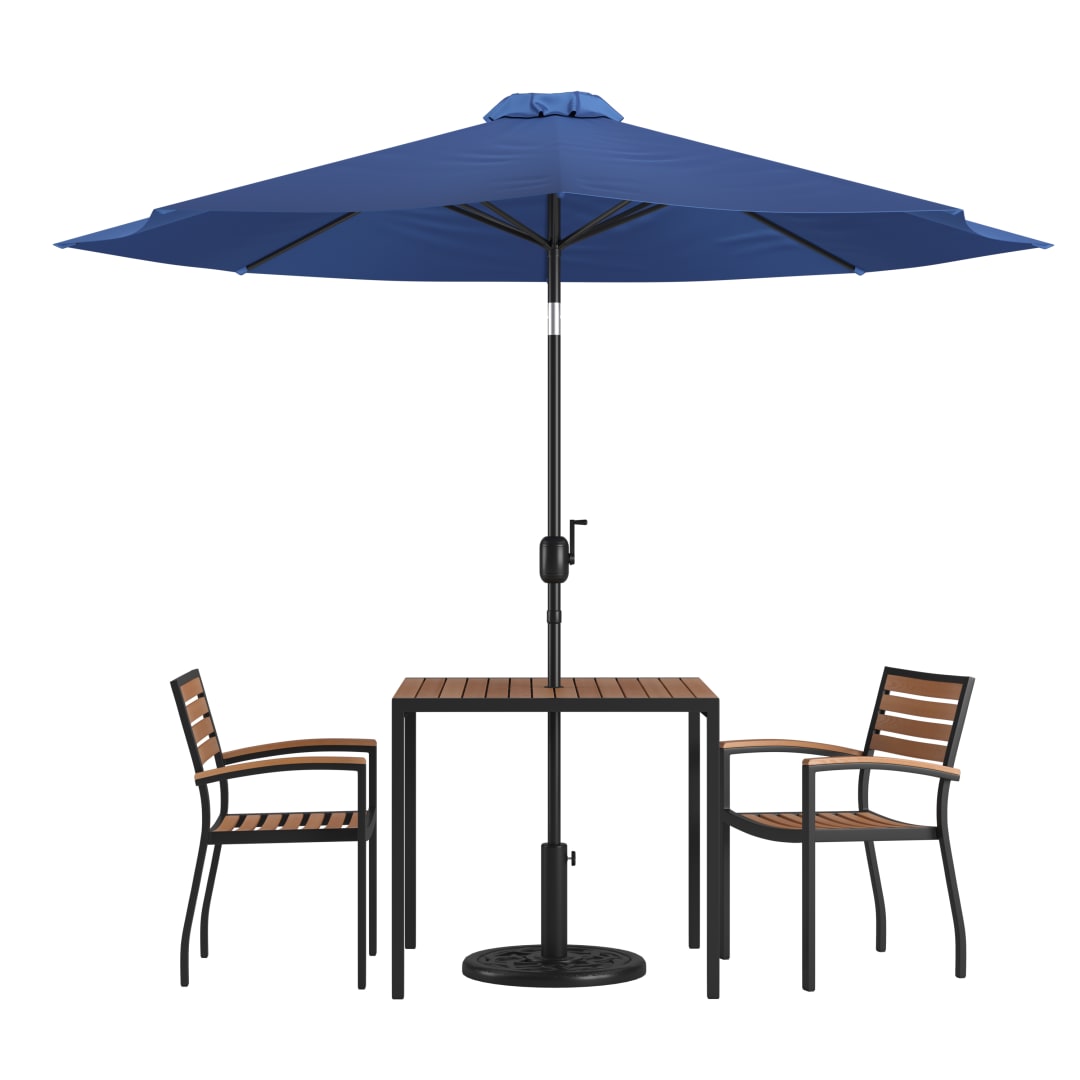 Lark 5 Piece Outdoor Patio Table Set with 2 Synthetic Teak Stackable Chairs, 35" Square Table, Navy Umbrella & Base